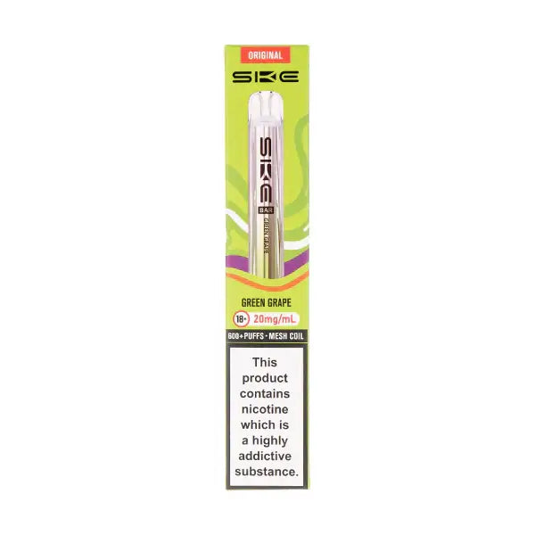 SKE Crystal Bar 600 Green Grape Prefilled Pod Kit showcasing the product's packaging and nicotine content details.