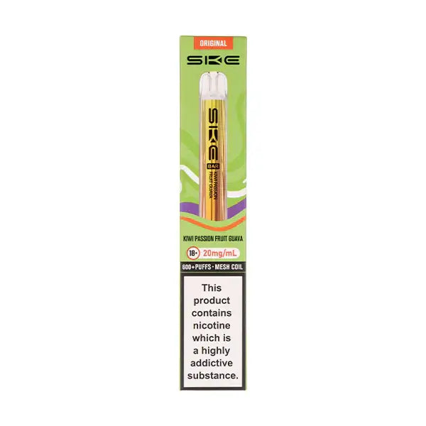 SKE Crystal Bar 600 Kiwi Passion Guava Prefilled Pod Kit packaging with nicotine warning and product details.