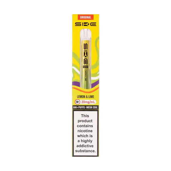 SKE Crystal Bar 600 Lemon & Lime Prefilled Pod Kit packaging featuring lemon and lime flavor, 20mg/mL nicotine, 600 puffs.