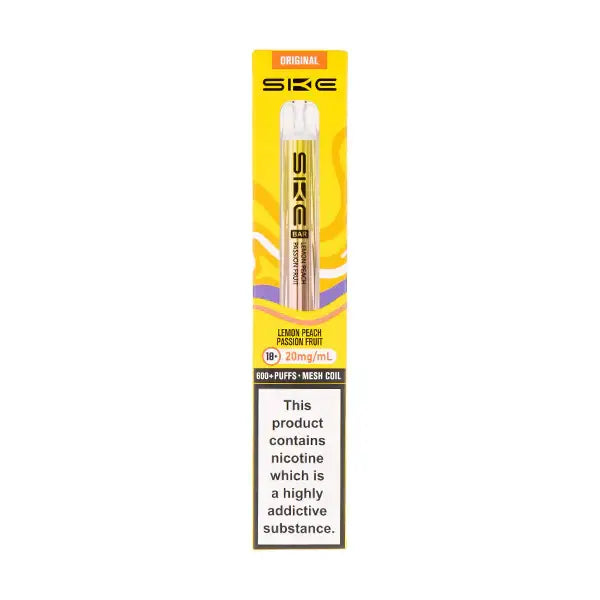 SKE Crystal Bar 600 Lemon Peach Passion Fruit Prefilled Pod Kit on display with user instructions and warnings.