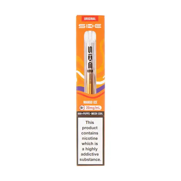 SKE Crystal Bar 600 Mango Ice Prefilled Pod Kit showcasing mango ice flavor, 20mg/mL nicotine strength, and 600 puffs.