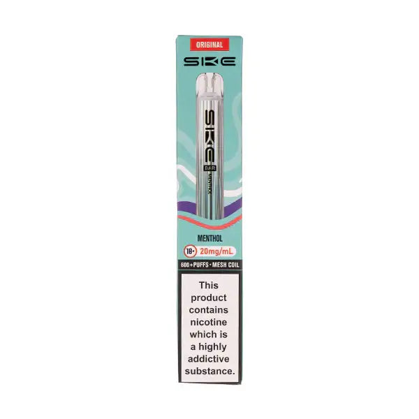 SKE Crystal Bar 600 Menthol Prefilled Pod Kit packaging showcasing menthol flavor and nicotine information.