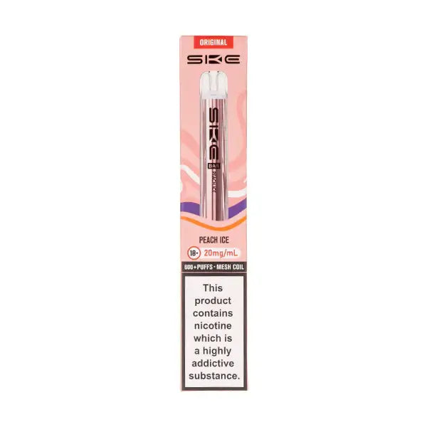 SKE Crystal Bar 600 Peach Ice Prefilled Pod Kit packaging featuring 20mg/mL nicotine and peach ice flavor.