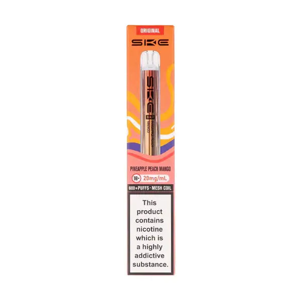 SKE Crystal Bar 600 Pineapple Peach Mango Prefilled Pod Kit with nicotine warning and product details.