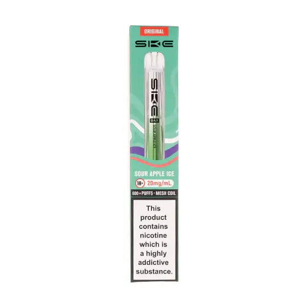 SKE Crystal Bar 600 Sour Apple Ice Prefilled Pod Kit packaging with nicotine warning and product details.