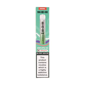 SKE Crystal Bar 600 Sour Apple Ice Prefilled Pod Kit packaging with nicotine warning and product details.
