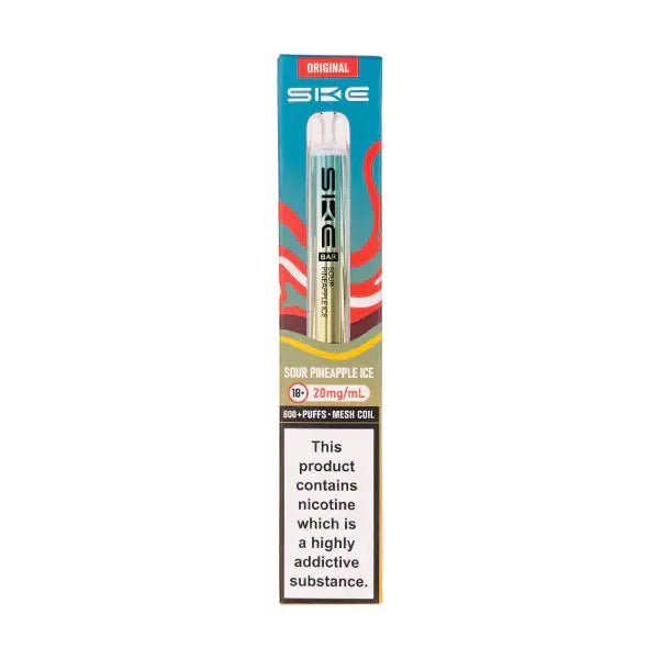 SKE Crystal Bar 600 Sour Pineapple Ice Prefilled Pod Kit featuring vibrant packaging and nicotine warning.