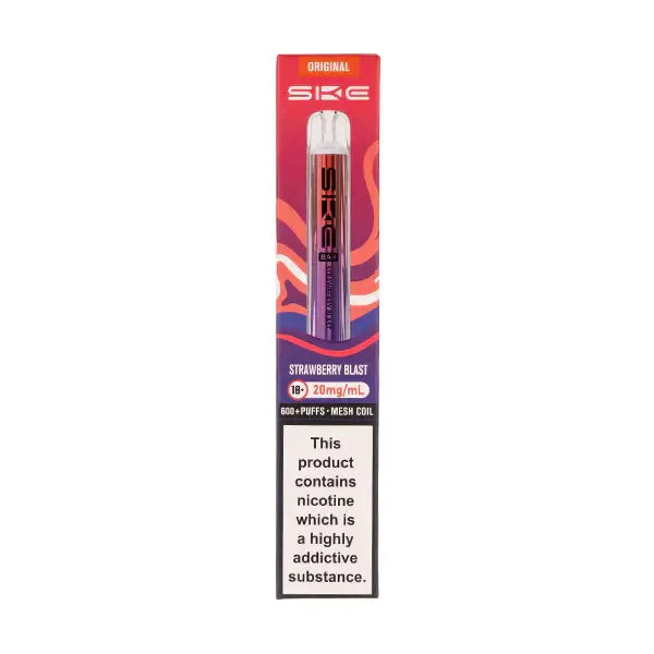 SKE Crystal Bar 600 Strawberry Blast Prefilled Pod Kit with flavor details and nicotine warning.
