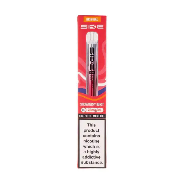 SKE Crystal Bar 600 Strawberry Burst Prefilled Pod Kit packaging showcasing vibrant design and product details.