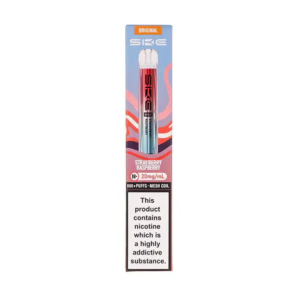 SKE Crystal Bar 600 Strawberry Raspberry Prefilled Pod Kit featuring stylish design and nicotine warning.