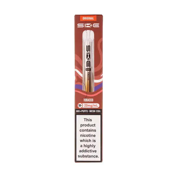 SKE Crystal Bar 600 Tobacco Prefilled Pod Kit packaging highlighting nicotine content and mesh coil features.