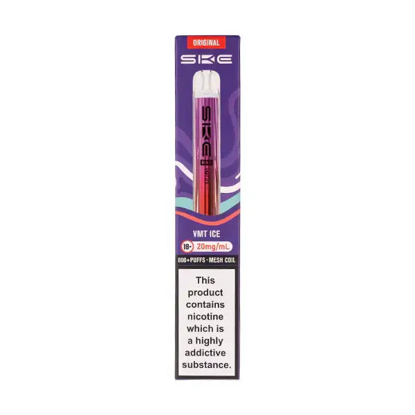 SKE Crystal Bar 600 VMT Ice Prefilled Pod Kit packaging with nicotine warning and 20mg/ml strength.