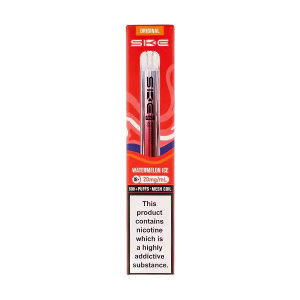 SKE Crystal Bar 600 Watermelon Ice Prefilled Pod Kit packaging with nicotine warning and product details.