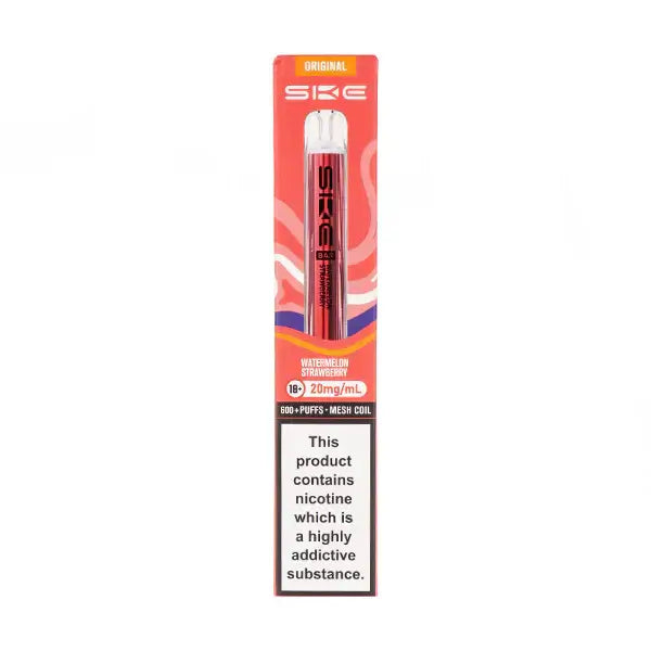 SKE Crystal Bar 600 Watermelon Strawberry Prefilled Pod Kit packaging with nicotine warning label