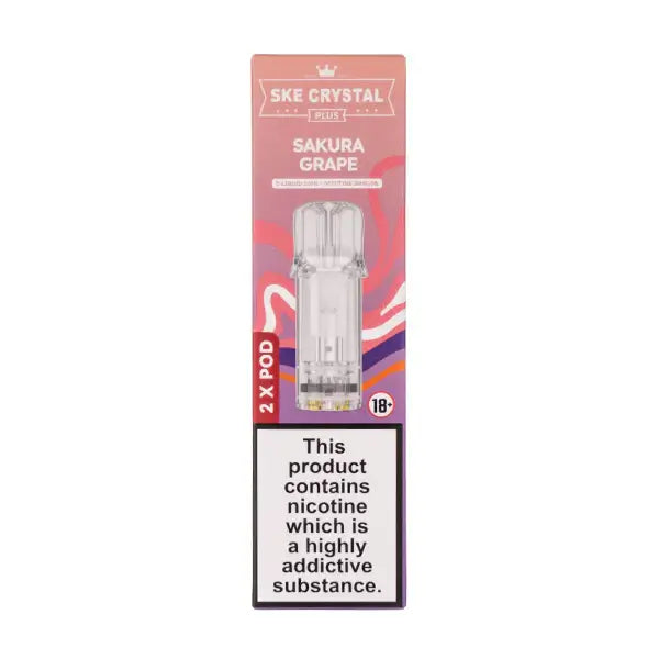 Sakura Grape Crystal Plus Prefilled Pods by SKE packaging, featuring sweet grape flavor and contains nicotine.