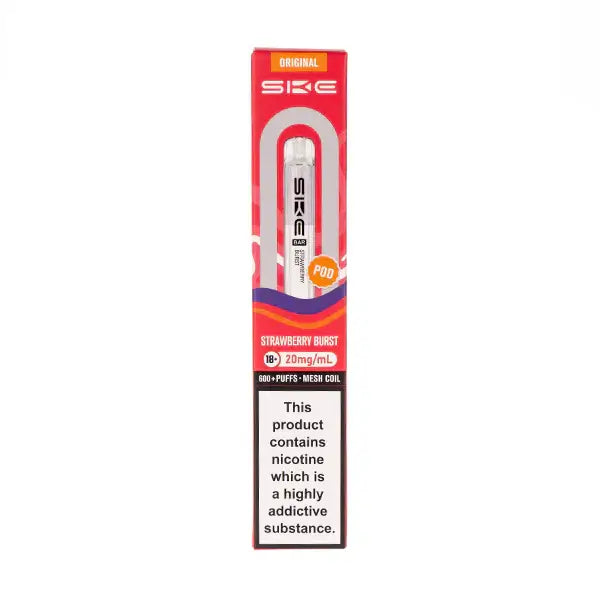 Strawberry Burst Crystal Bar 600 Prefilled Pod by SKE packaging showing flavor details and nicotine information.