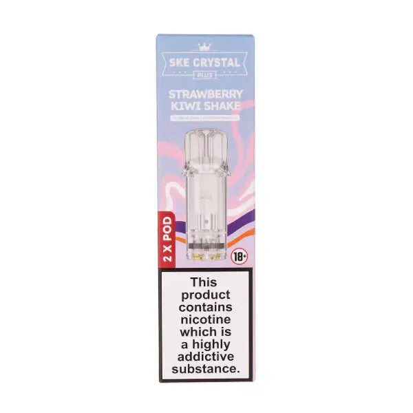Strawberry Kiwi Shake Crystal Plus Prefilled Pods by SKE packaging with warning label and pod contents.