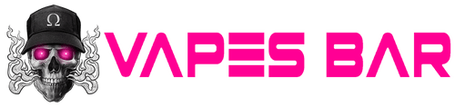 Vapes Bar logo with a skull wearing sunglasses and pink text on a black background