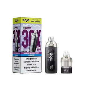 Vaporesso Dojo Blast BlueBerry Edition 30K Pro Prefilled Pod Kit with packaging and device display.