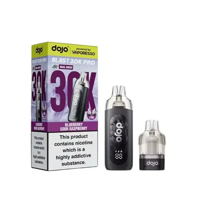 Dojo Blast BlueBerry Sour Raspberry 30K Pro Prefilled Pod Kit with packaging and device