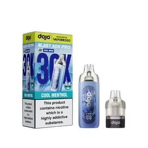 Vaporesso Dojo Blast Cool Menthol 30K Pro Prefilled Pod Kit packaging and device features.