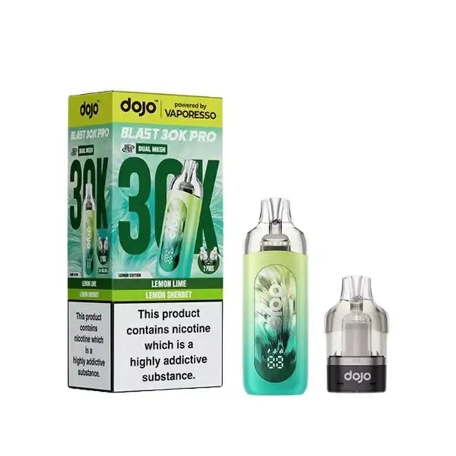 Vaporesso Dojo Blast Lemon Edition 30K Pro Prefilled Pod Kit with box and pod in lemon-lime flavor.