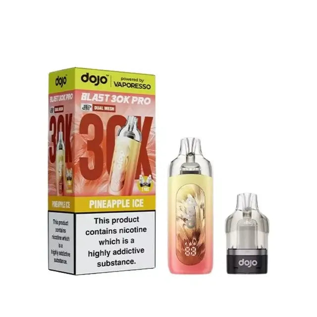 Vaporesso Dojo Blast Pineapple Ice 30K Pro Prefilled Pod Kit with packaging and pod included.