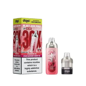 Vaporesso Dojo Blast Strawberry Edition 30K Pro Prefilled Pod Kit with packaging and vape device.