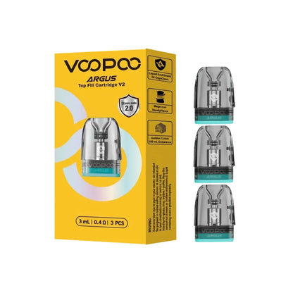 VOOPAC ARGUS top fill cartridge V2 packaging with three clear cartridges on a white background