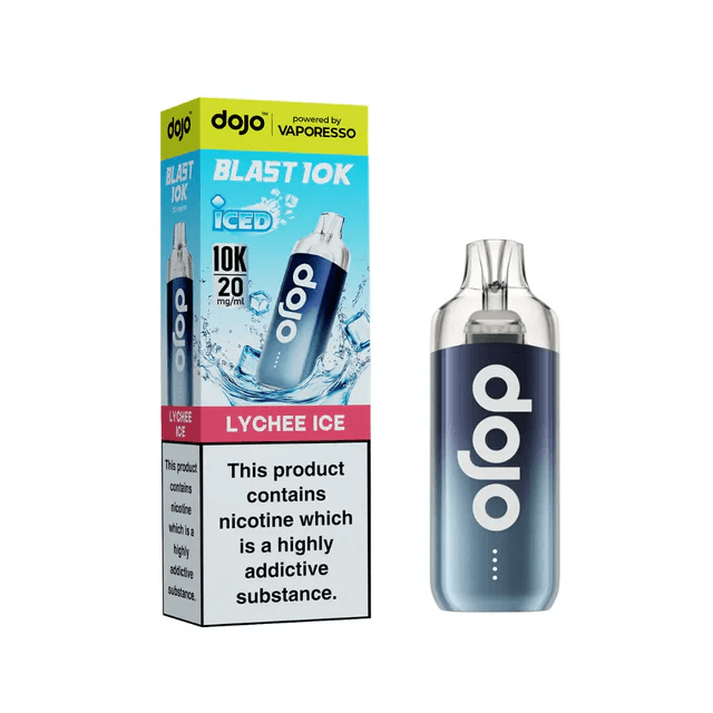 Dojo Blast 10K Lychee Ice Prefilled Vape Kit packaging and device featuring dual mesh coil technology.