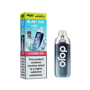Dojo Blast 10K Lychee Ice Prefilled Vape Kit packaging and device featuring dual mesh coil technology.