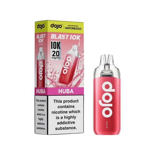 Dojo Blast 10K Huba Prefilled Vape Kit in red packaging with vape device, showcasing dual mesh coil technology.
