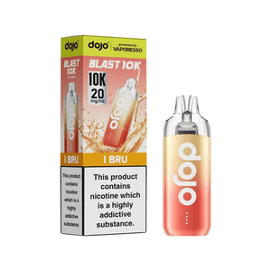 Dojo Blast 10K Bru Prefilled Vape Kit packaging with vape device, noting nicotine content and features.