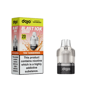 Vaporesso Dojo Blast 10K Ten Tangerines Prefilled Pods packaging and pod image with bold citrus flavor.