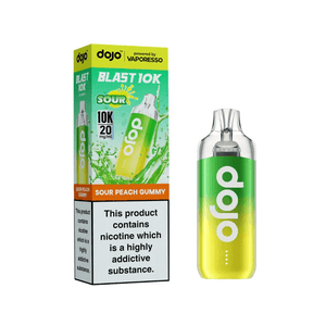 Dojo Blast 10K Sour Peach Gummy Prefilled Vape Kit with green and yellow packaging, showcasing the vape device design.