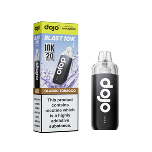 Dojo Blast 10K Classic Tobacco Prefilled Vape Kit with dual mesh coil and packaging.
