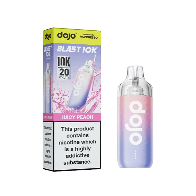 Dojo Blast 10K Juicy Peach Prefilled Vape Kit packaging and device with colorful design.