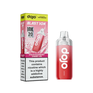Dojo Blast 10K Raspberry Cherry Ice Prefilled Vape Kit packaging with vape device and warning label.
