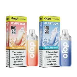 Dojo Blast 10K Triple Mango Prefilled Vape Kit and Cool Menthol option, showcasing vibrant packaging and vape devices.