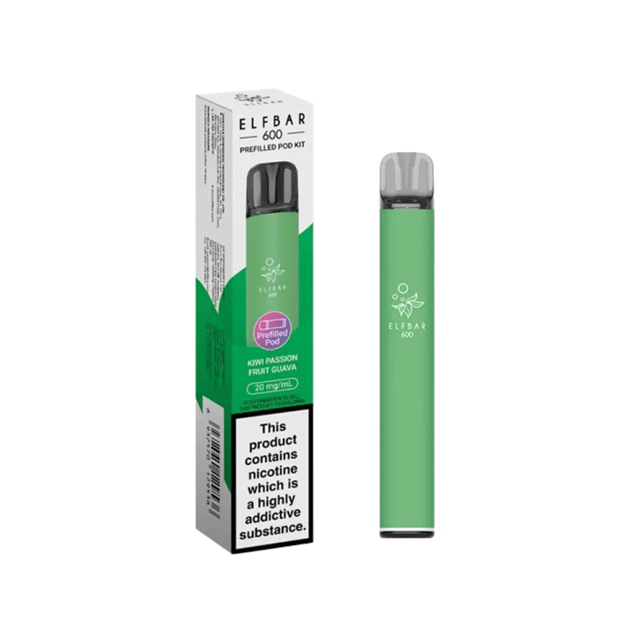 Elf Bar 600 Prefilled Pod Kit in green, featuring kiwi passion fruit guava flavor and nicotine warning.