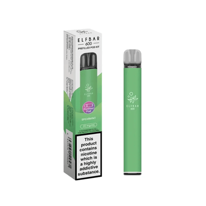Elf Bar 600 Prefilled Pod Kit in Spearmint flavor with packaging showcasing product details.