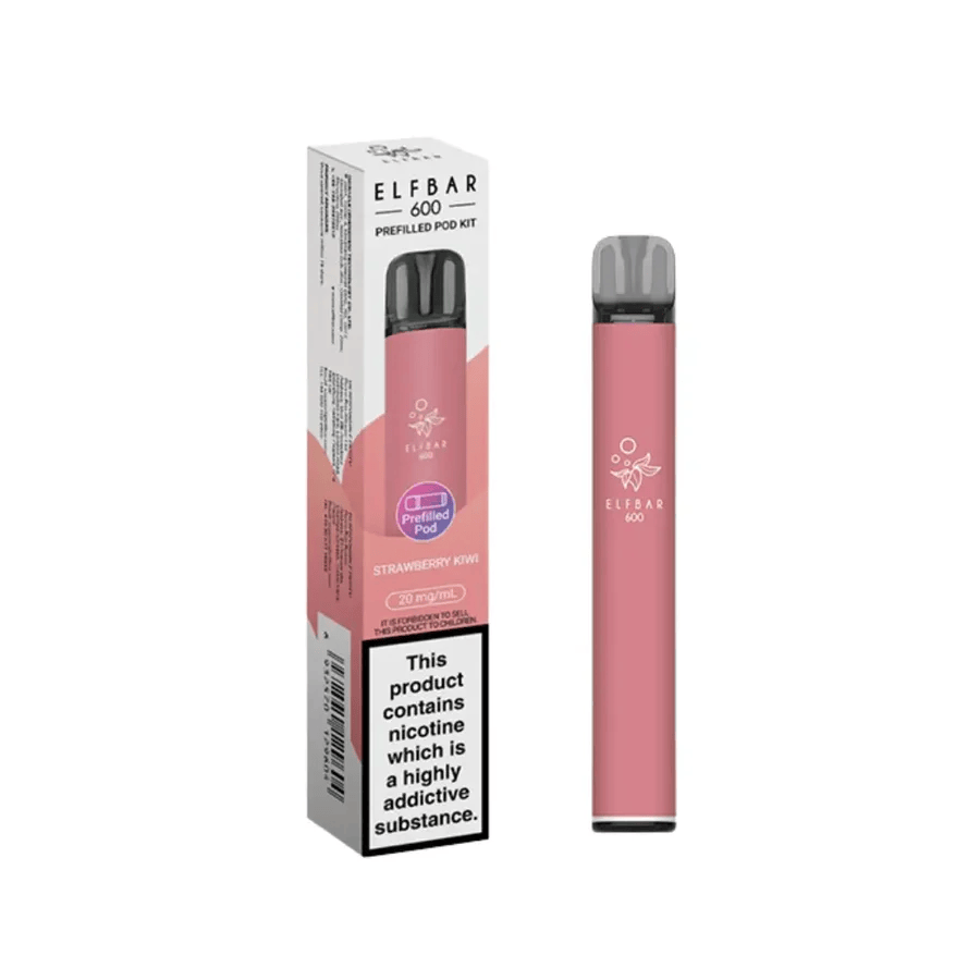 Elf Bar 600 Prefilled Pod Kit with Strawberry Kiwi flavor packaging and device in pink color.