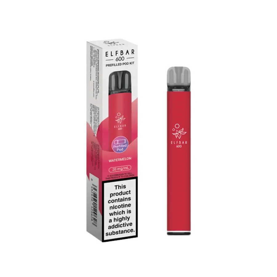 Elf Bar 600 Prefilled Pod Kit in watermelon flavor with packaging, featuring a sleek design and nicotine warning.