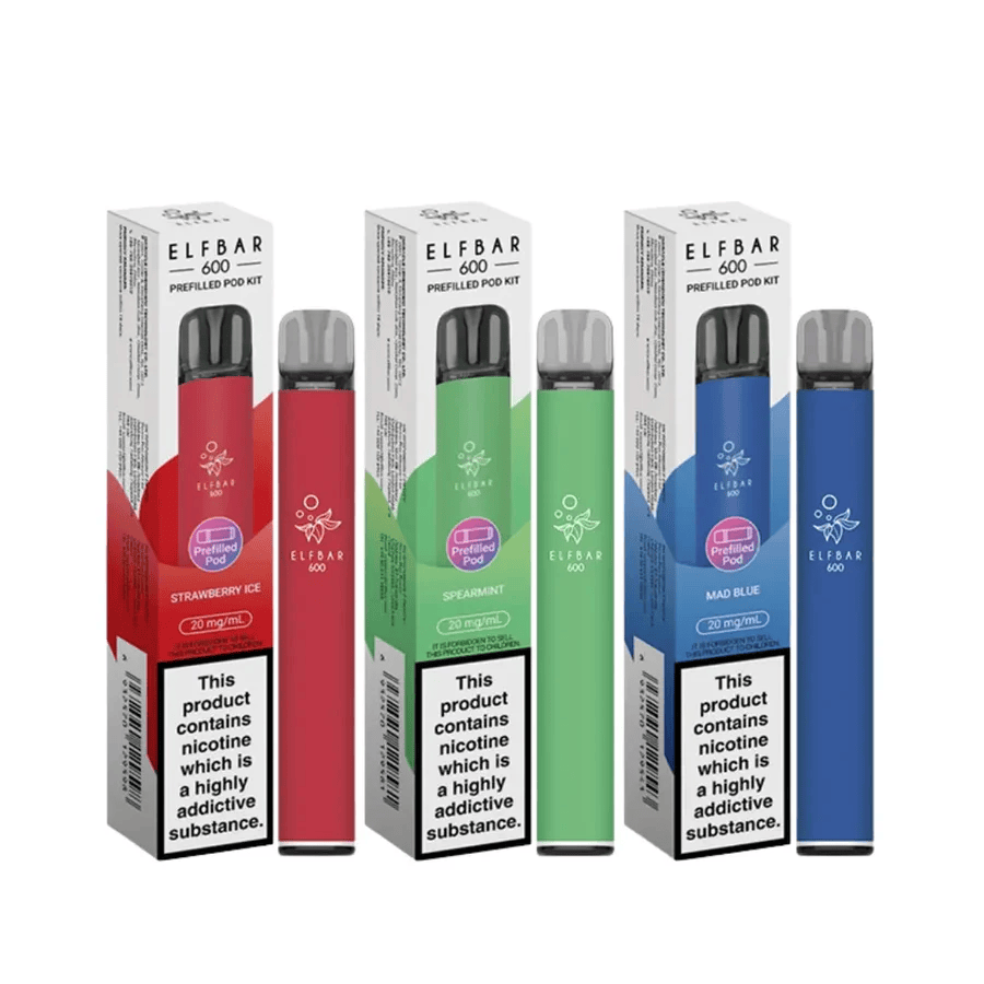 Elf Bar 600 Prefilled Pod Kit in various flavors: Strawberry Ice, Spearmint, and Blue Razz.