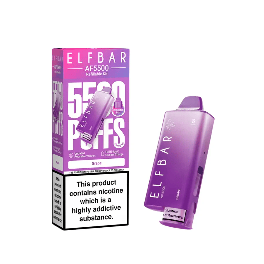 Elf Bar AF5500 Prefilled Pod Kit in grape flavor with box packaging, highlighting 5500 puffs available.