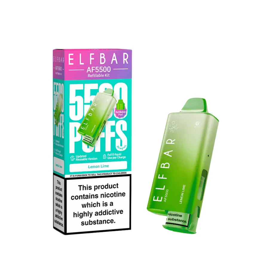 Elf Bar AF5500 Prefilled Pod Kit in Lemon Lime flavor with packaging showing 5500 puffs.