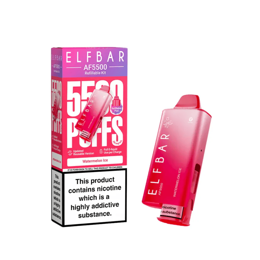 Elf Bar AF5500 Prefilled Pod Kit in Watermelon Ice flavor with packaging showing 5500 puffs and nicotine warning.