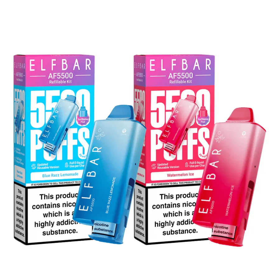 Elf Bar AF5500 Prefilled Pod Kit in blue and red flavors with packaging highlighting 5500 puffs.