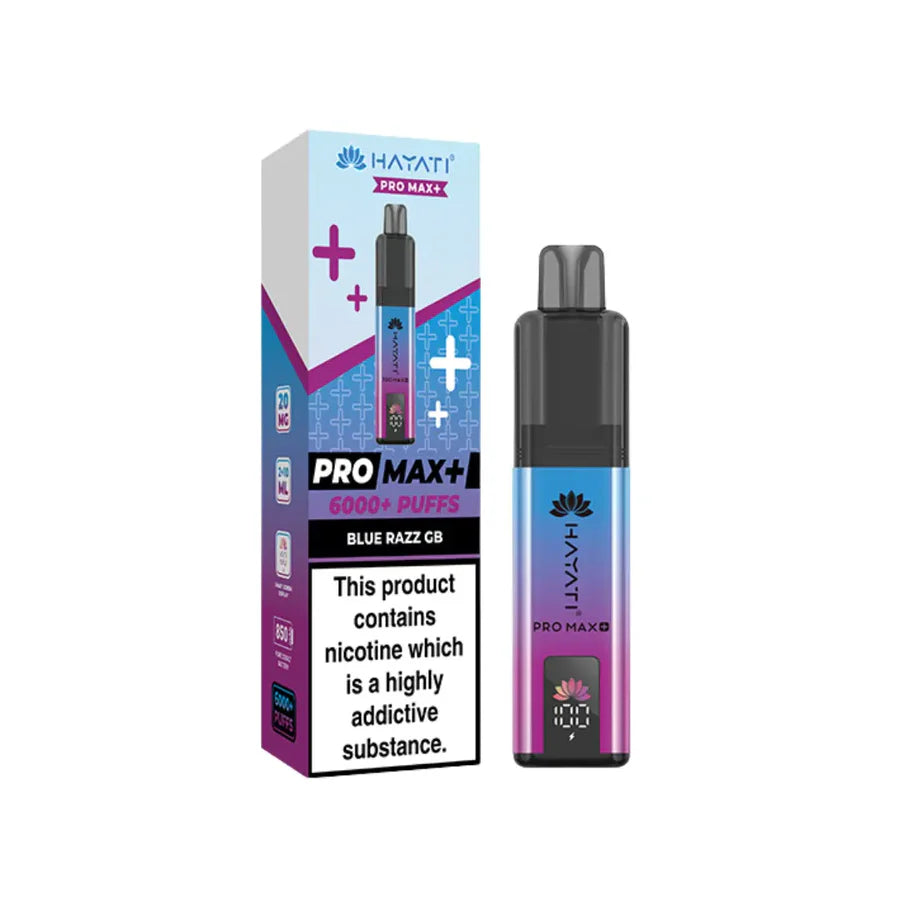 Hayati Pro Max+ vape device and packaging on a white background