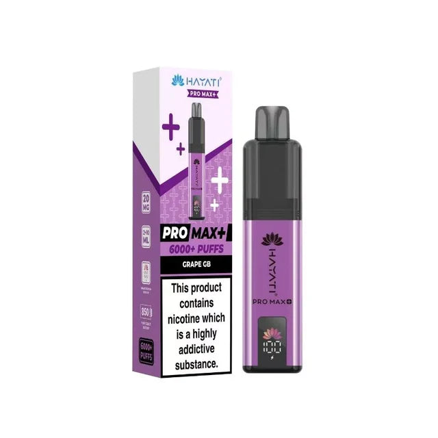 Purple vape device with packaging on a white background